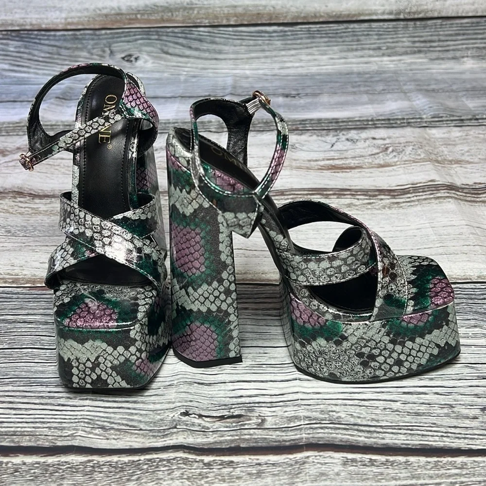 OMINE Women’s Platform 6.5” Heels – Purple/Silver/Green/Black – Size 6